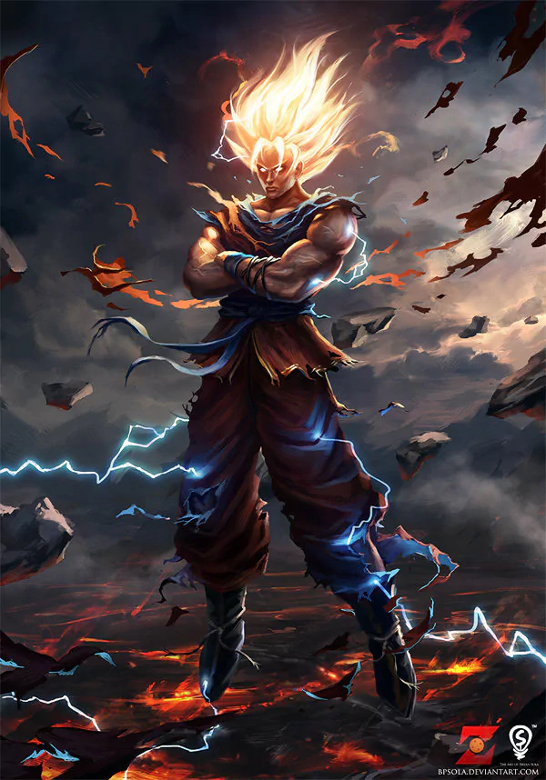 A powerful anime character from Dragon Ball Z stands confidently, surrounded by swirling energy and dramatic landscapes, showcasing intense lightning and an epic aura.