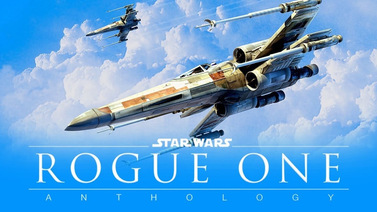Movie poster for Rogue One: A Star Wars Story — an X‑wing starfighter soars through a bright, cloud-filled sky above the bold Rogue One title.