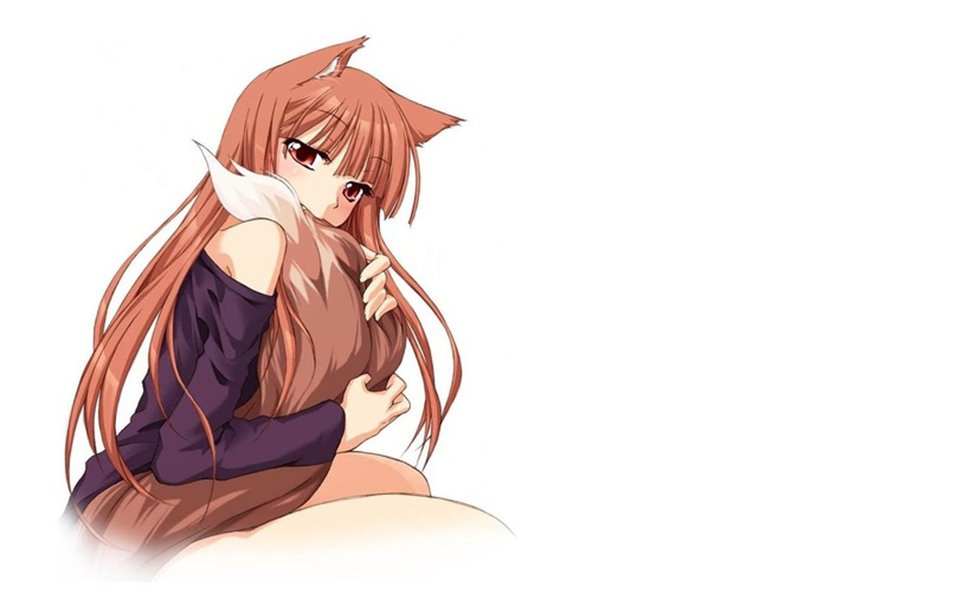 Anime depiction of Holo from Spice and Wolf with animal (wolf) ears and long auburn hair, seated and hugging her large fluffy tail while glancing back over her shoulder.
