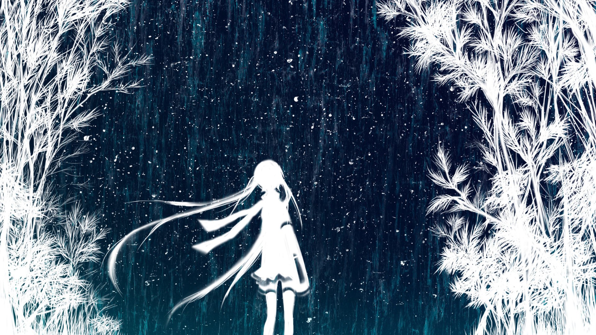 Silhouette of Hatsune Miku in anime/Vocaloid style, long flowing twin tails, standing in a snowy, starry forest with wind-swept trees and falling snow.