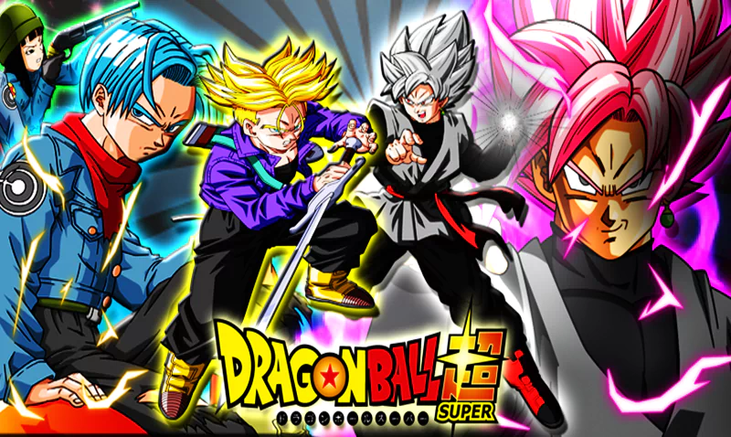 Dynamic illustration of Trunks and other characters from Dragon Ball Super in vibrant anime style, showcasing intense action and energy.