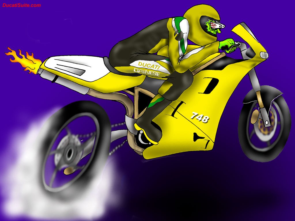 A rider in black and yellow gear speeds on a yellow Ducati 748 motorcycle, with flames coming from the exhaust and smoke from the rear tire against a purple background.