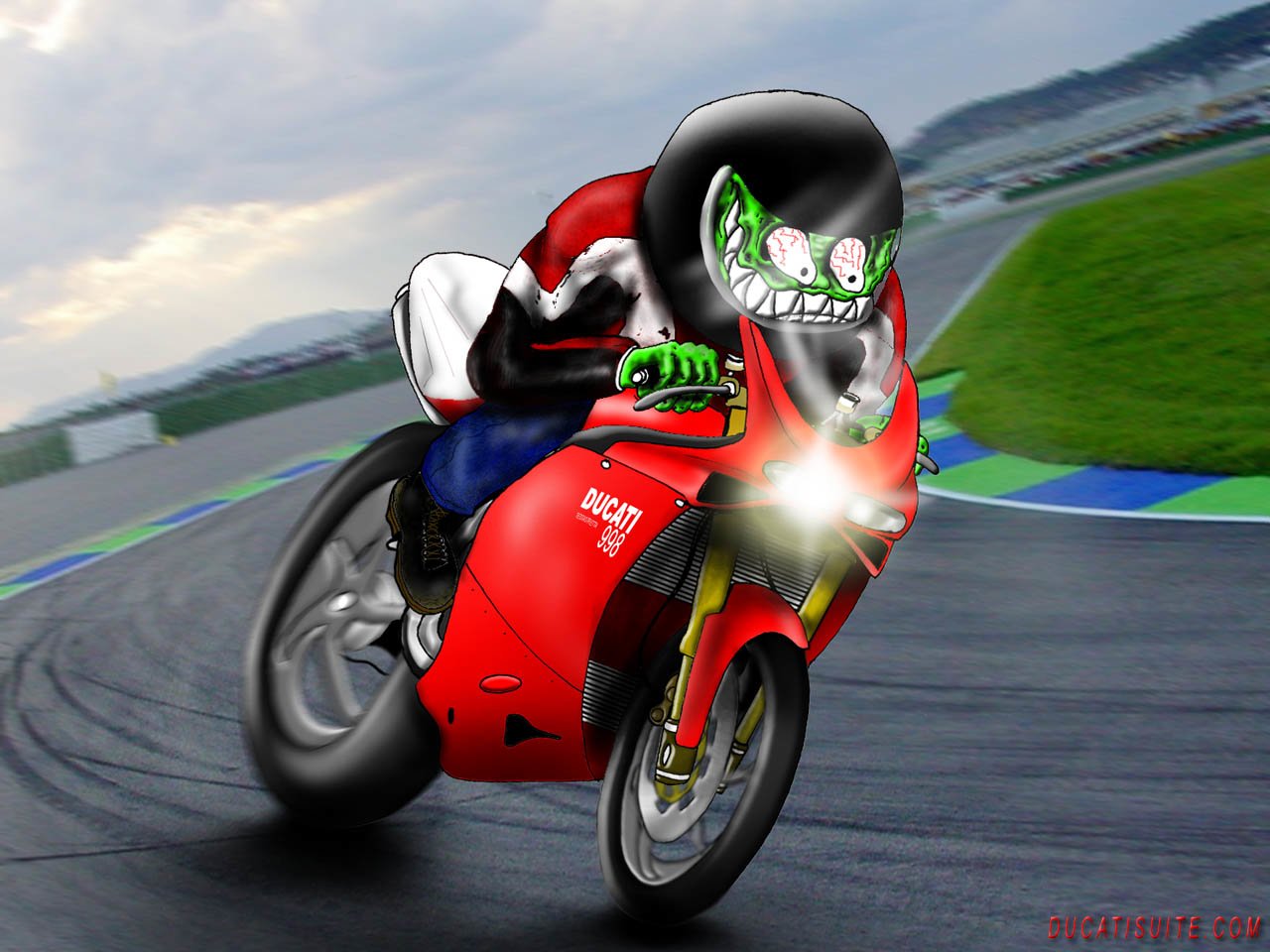 Red Ducati sportbike vehicle leaning sharply into a racetrack corner, rider in full leathers and an aggressive helmet, headlight blazing.