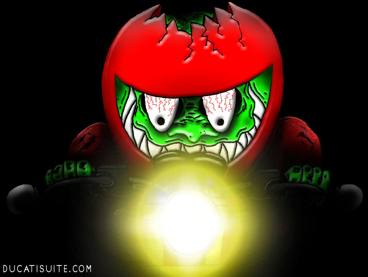 Cartoon green-faced rider wearing a cracked red helmet, gripping handlebars and glaring over a bright headlight on a Ducati motorcycle.