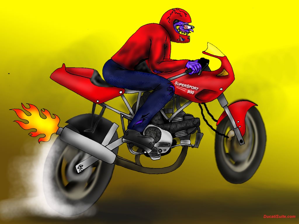 Cartoon of a red-clad rider on a Ducati sport vehicle (motorcycle) doing a wheelie, rear tire smoking and exhaust flames against a bold yellow background.