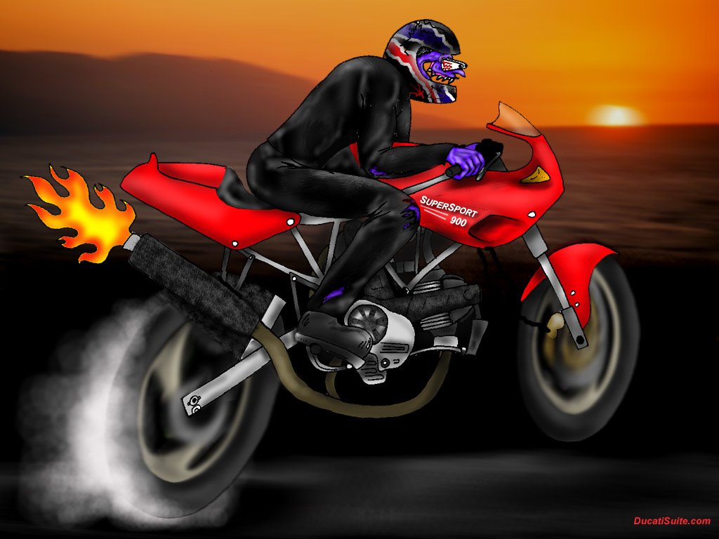 Rider in black leathers and purple helmet on a red Ducati vehicle performing a smoky burnout with exhaust flame at sunset.