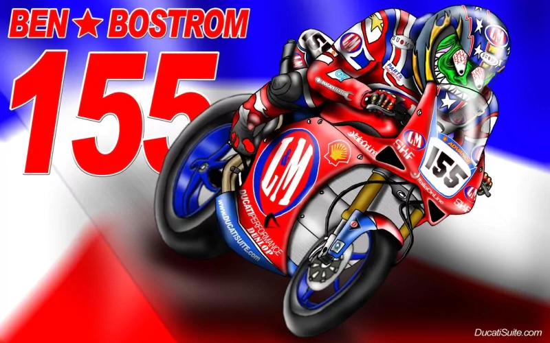 Red Ducati motorcycle racing vehicle numbered 155, rider in matching red and blue leathers and helmet leaning into a turn against a stylized red-white-blue background.