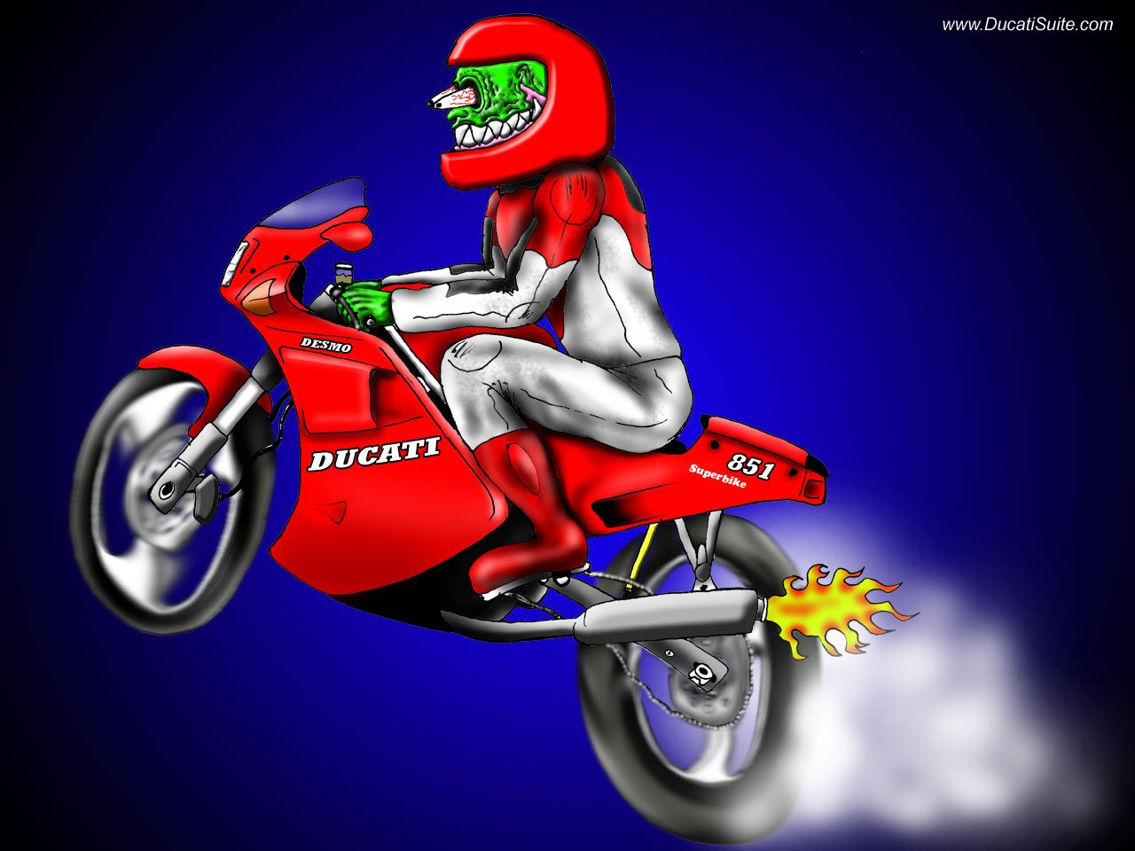 Cartoon rider in red gear performing a wheelie on a Ducati vehicle — a red motorcycle with the rear wheel blasting flame against a deep blue background.
