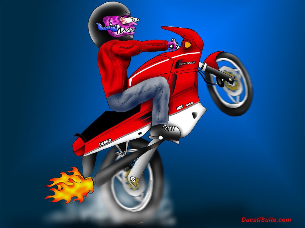 Helmeted rider performs a wheelie on a red Ducati vehicle with flaming exhaust and motion blur against a blue background.
