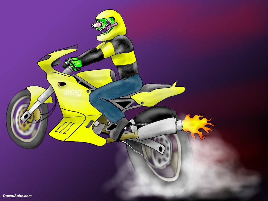 Rider knocks a wheelie on a yellow Ducati sport vehicle, matching yellow helmet and jacket, rear tire smoking and exhaust blasting flames on a purple-red background.