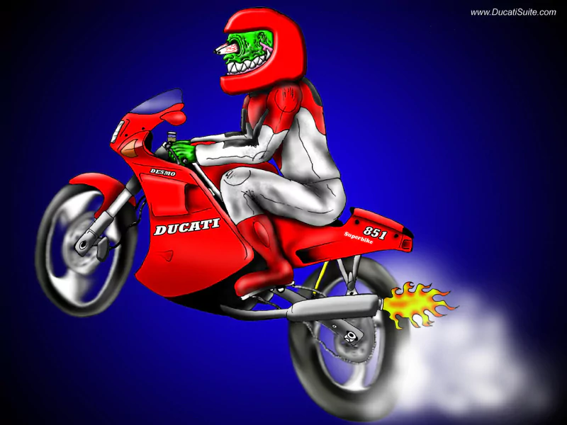 Cartoon rider in red gear performing a wheelie on a Ducati vehicle — a red motorcycle with the rear wheel blasting flame against a deep blue background.