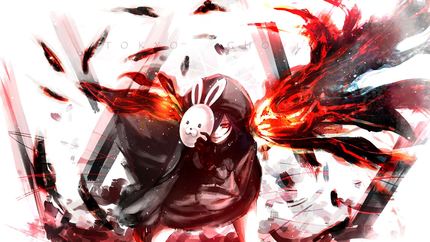 A dynamic illustration of Touka Kirishima from Tokyo Ghoul, featuring her in a dark outfit with fiery red wings and holding a mask resembling a bunny, surrounded by a chaotic backdrop.