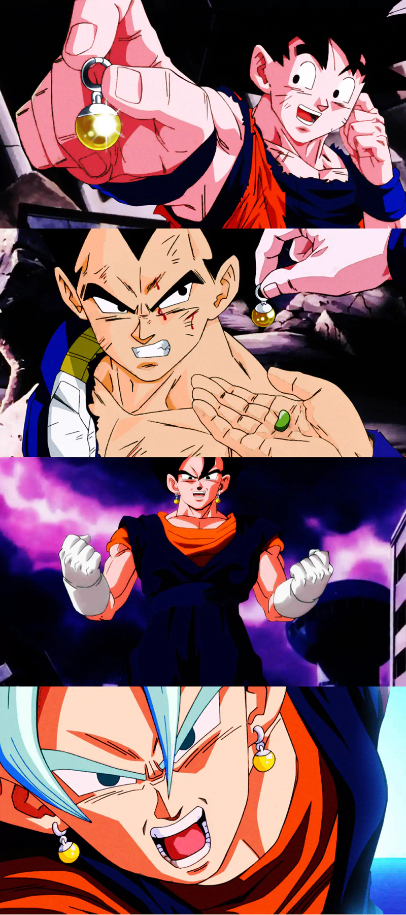 Goku and Vegito showcase their powers in this thrilling Dragon Ball Super scene, featuring SSGSS Vegito, Vegeta, and Goku. Energetic expressions highlight their determination.
