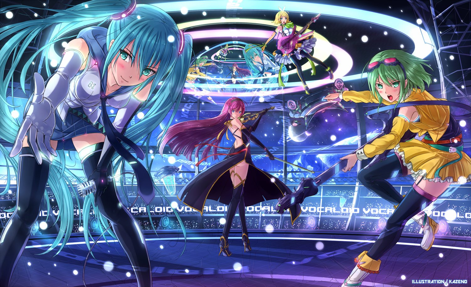 Anime-style image featuring Vocaloid characters Hatsune Miku, Rin Kagamine, Luka Megurine, and GUMI performing on a futuristic stage with vibrant lights.