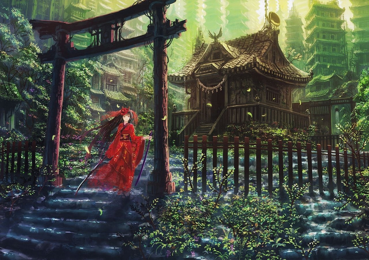 A stunning anime landscape featuring a red-cloaked figure near a shrine. Lush greenery surrounds traditional architecture, evoking a mystical, fantasy atmosphere.
