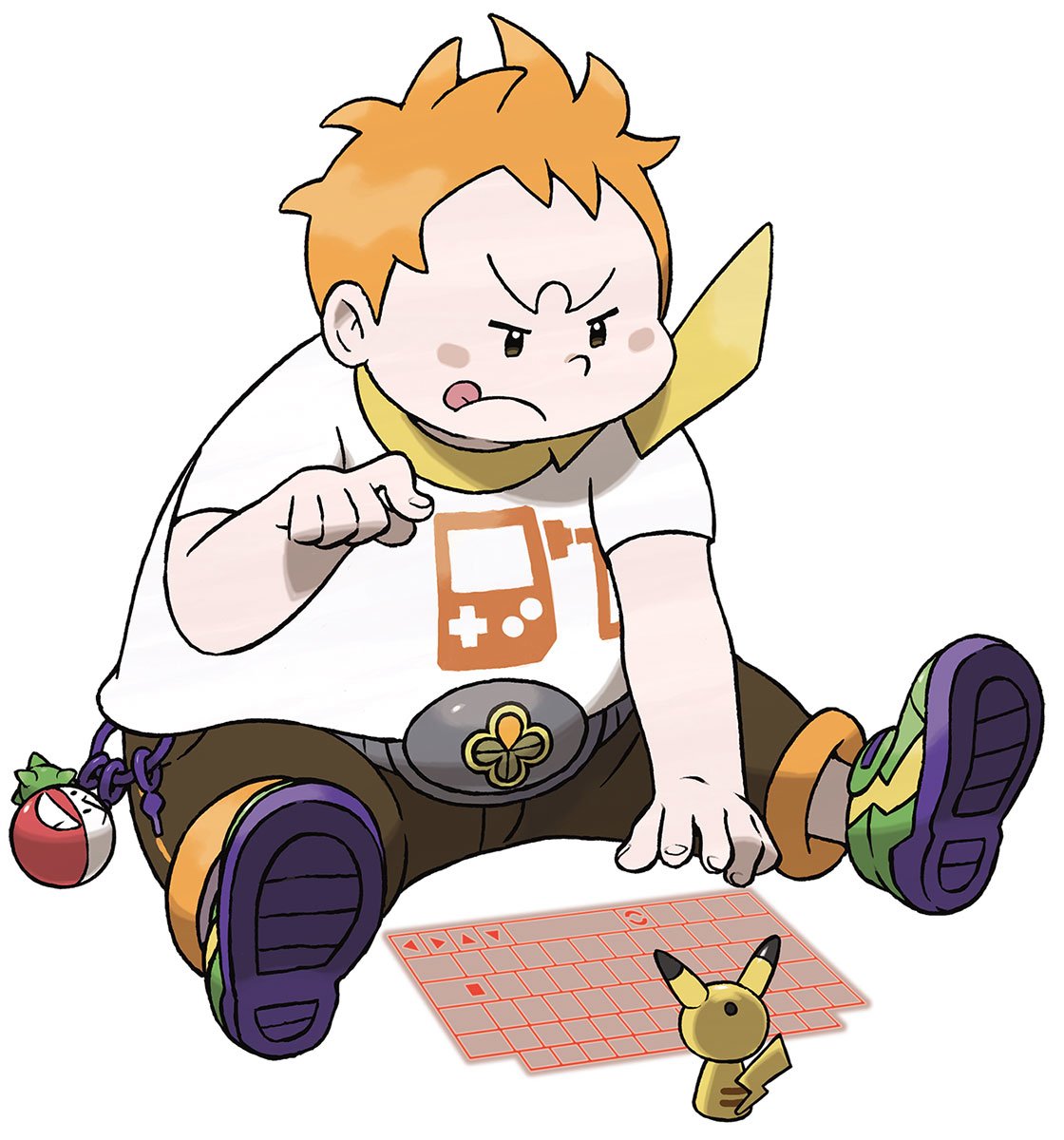 Sophocles from Pokémon: Sun and Moon sits cross‑legged, tapping a projected game console keyboard with Pichu by his feet — stylized video game Pokémon illustration.