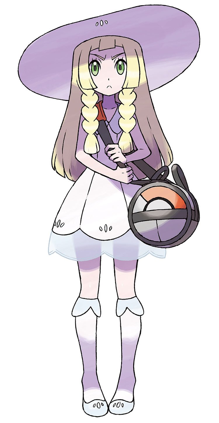 Full-body drawing of video game character Lillie (Pokémon: Sun and Moon) in a white dress and wide-brimmed hat, braided blonde hair, clutching a Poké Ball–patterned shoulder bag.