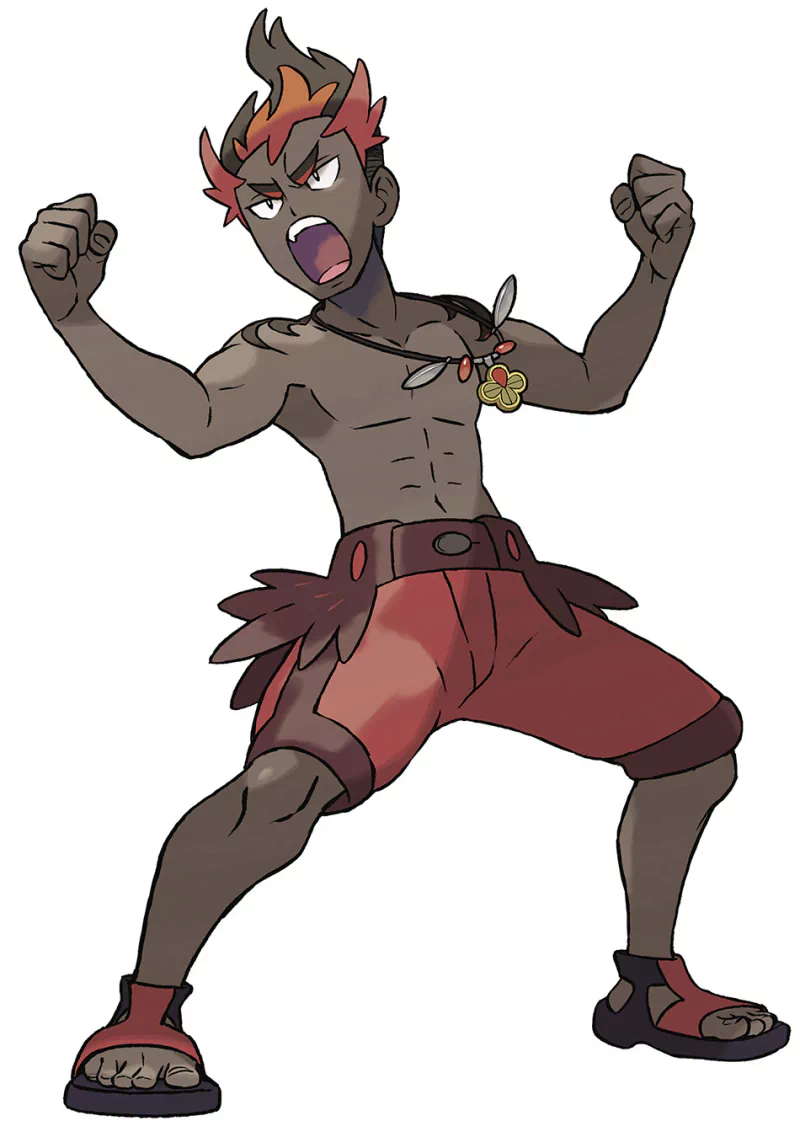 Kiawe from Pokémon Sun and Moon — shirtless, dark-skinned trainer with flame-styled hair, red shorts and sandals, fists raised and shouting in a fiery battle pose.