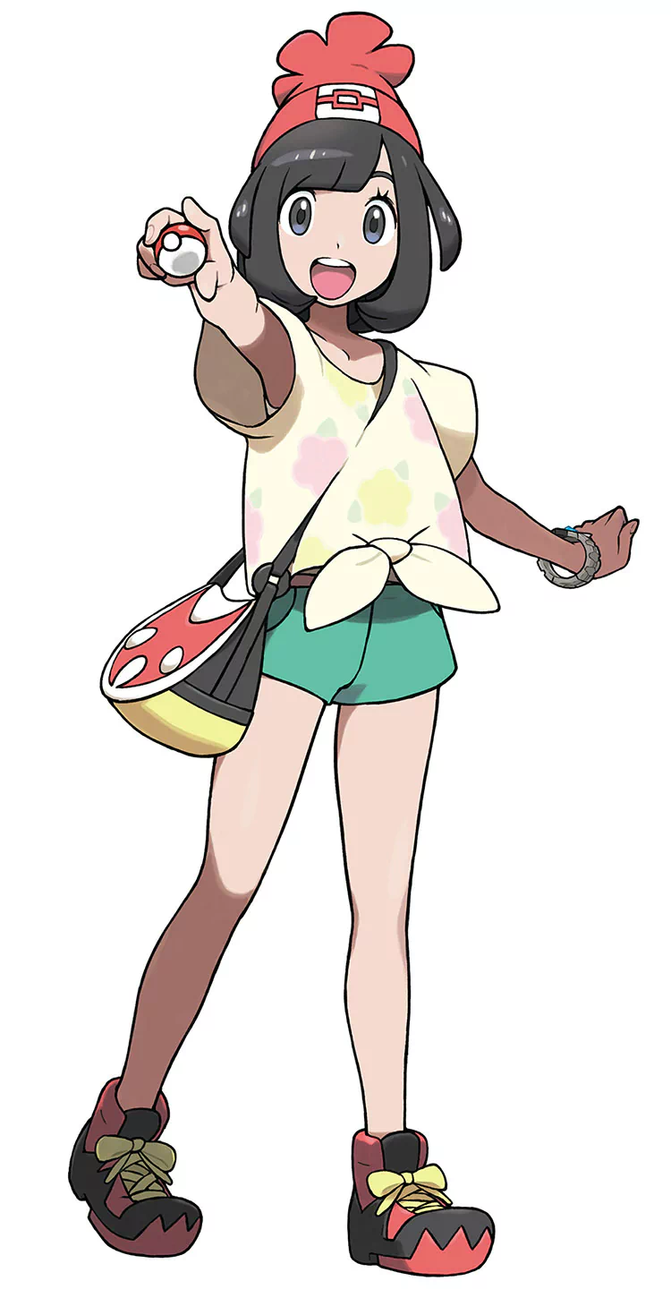 Female player character from the Pokémon: Sun and Moon video game, smiling and offering a Poké Ball toward the viewer.