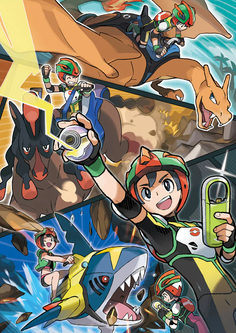 Dynamic Pokémon: Sun and Moon video game artwork — a trainer holding a green device rides Charizard amid other trainers and Pokémon in high-energy action.