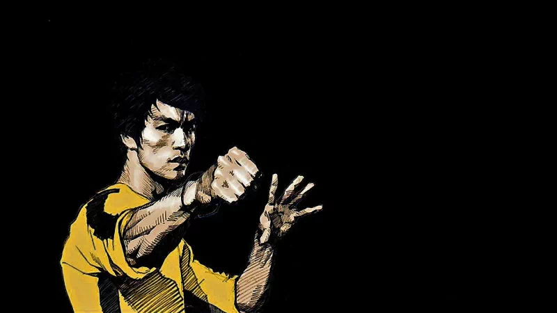 A dynamic illustration of Bruce Lee in martial arts pose, showcasing his iconic style and athleticism against a dark background.