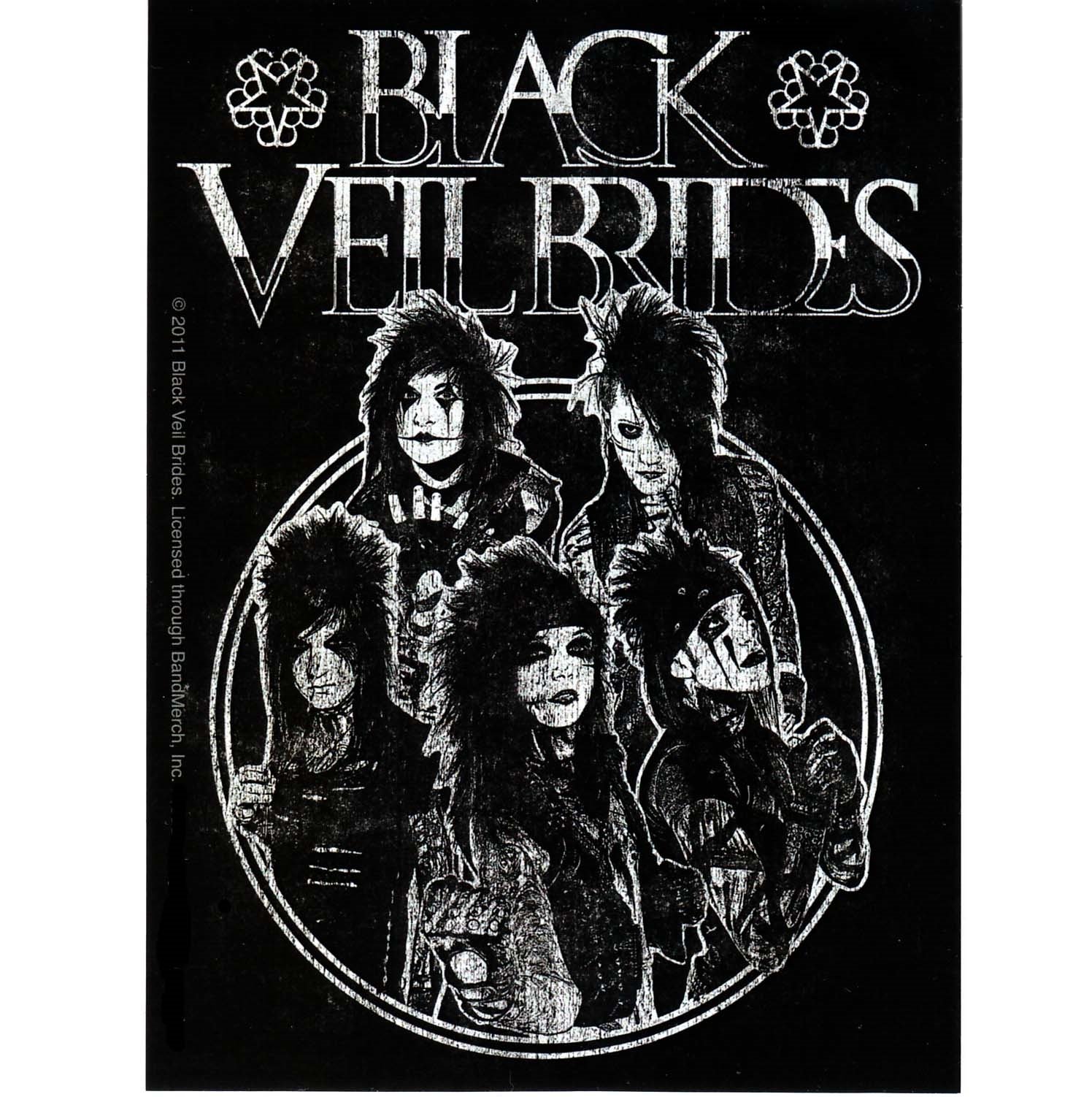 Black-and-white heavy metal/hard rock poster of Black Veil Brides showing five members in gothic stage makeup beneath the band logo.