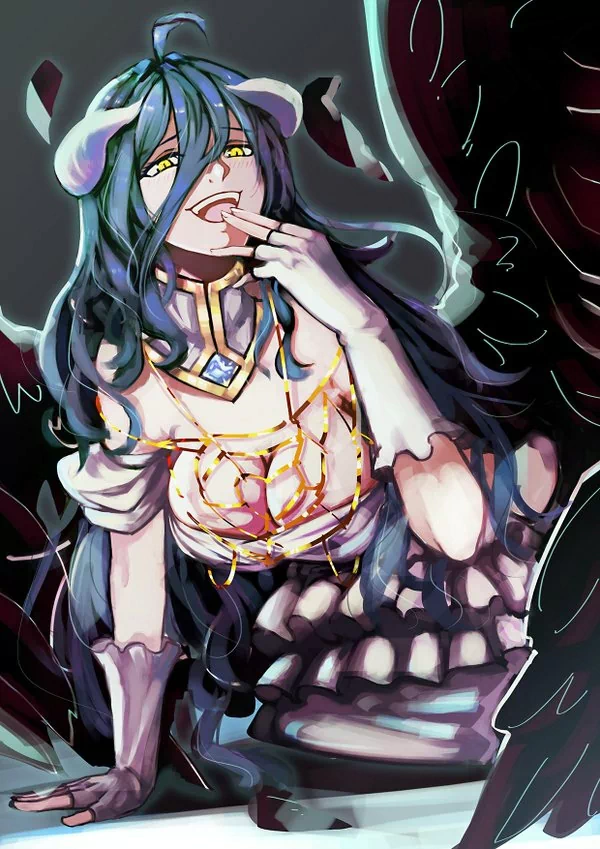 Anime-style illustration of a female character from Overlord with long dark hair, golden eyes, and skeletal wings, wearing a detailed outfit with bone-like features.
