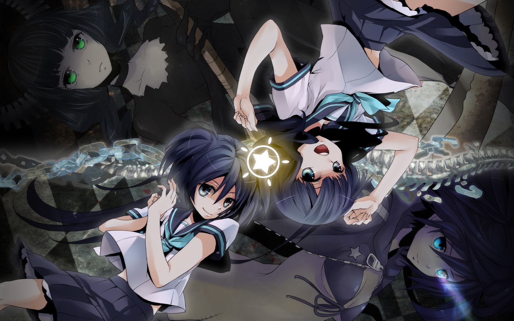 Anime illustration of Mato Kuroi, Yomi Takanashi and Dead Master (Black Rock Shooter) entwined in dark, swirling chains around a glowing star emblem.