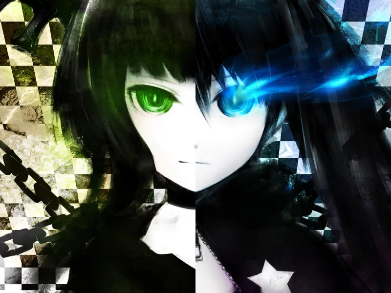 A striking image of Dead Master from Black Rock Shooter, featuring a split design with contrasting colors and intense expressions, embodying the unique anime aesthetic.