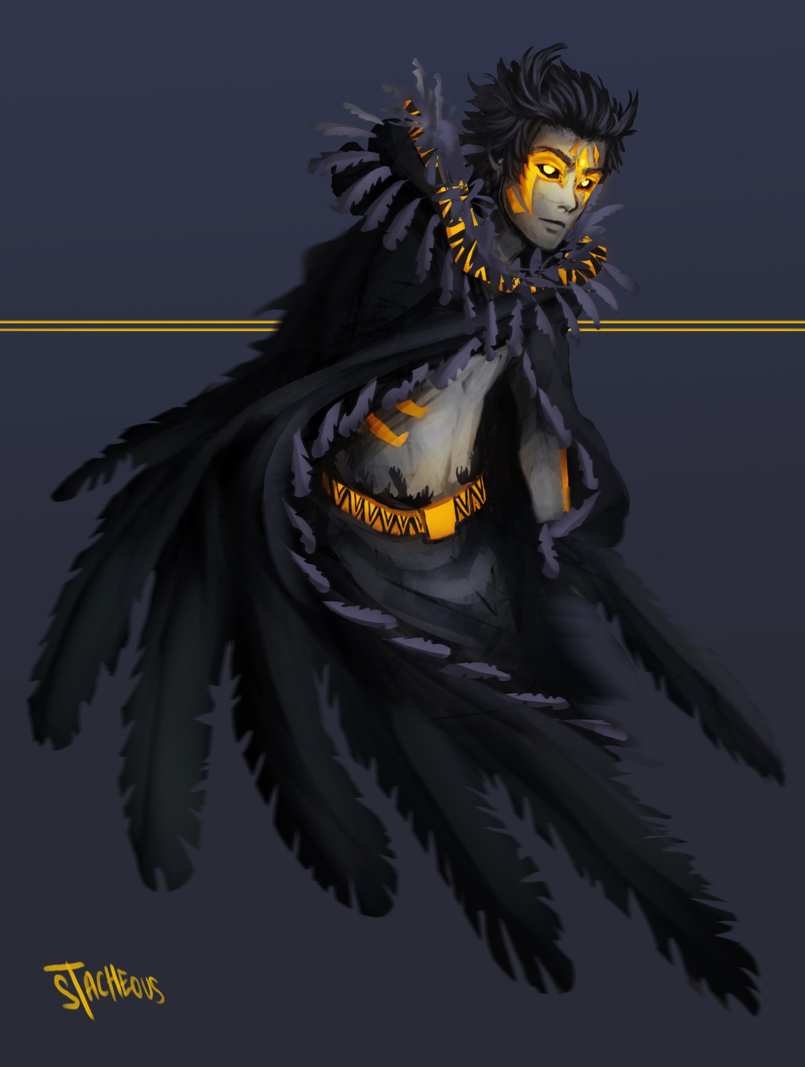 Digital art character design of an Owlboy video game character: pale figure in a tattered feathered cloak, glowing orange owl-like eyes and golden accents, hovering against a dark backdrop.