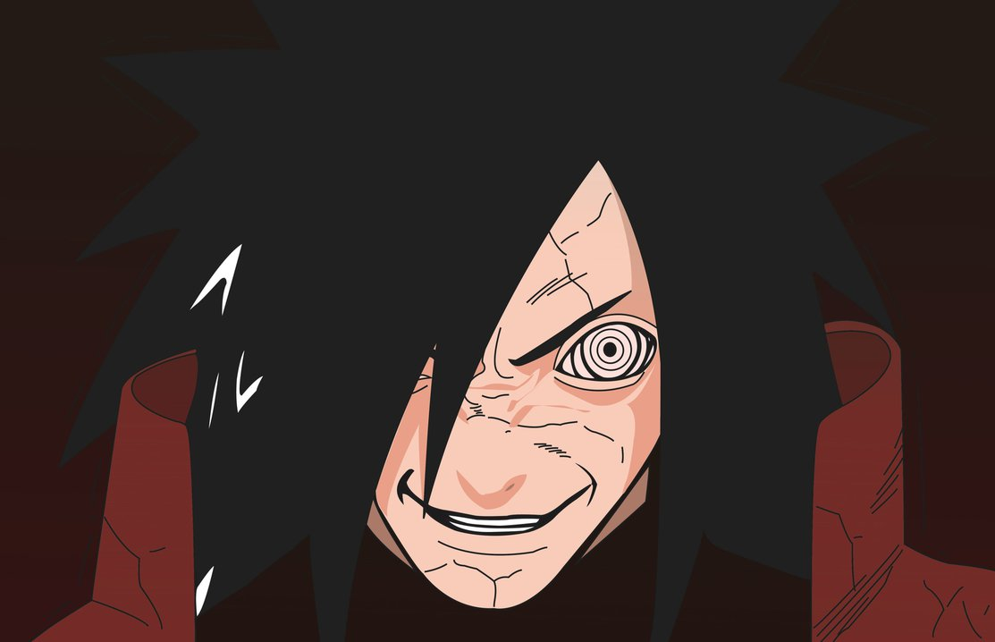 Madara Uchiha from the Uchiha Clan in Naruto, featuring his distinctive Rinnegan eye and a menacing expression.