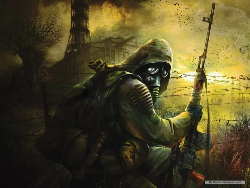 A hooded figure in a gas mask holds a rifle in a desolate, apocalyptic landscape, with dark skies and ruined buildings in the background, embodying a Sci-Fi atmosphere of survival.