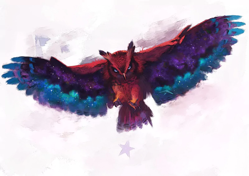 A vibrant, cosmic-themed owl soars through a starry sky, showcasing rich shades of red, purple, and blue on its wings, blending nature with a touch of the universe.
