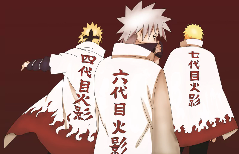 Naruto Uzumaki, Kakashi Hatake, and Minato Namikaze stand together, wearing their Hokage cloaks, embodying the legacy of the Naruto anime series.