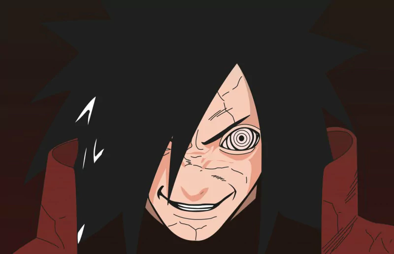 Madara Uchiha from the Uchiha Clan in Naruto, featuring his distinctive Rinnegan eye and a menacing expression.