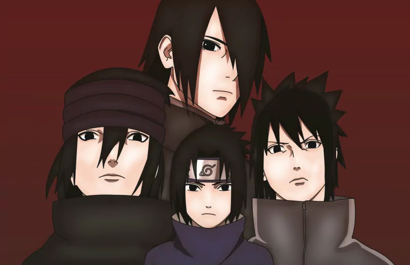 A dramatic portrayal of the Uchiha Clan from the anime Naruto, featuring Sasuke Uchiha and other clan members, set against a deep red background.