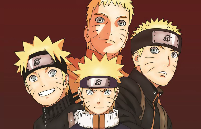 Four versions of Naruto Uzumaki from the anime Naruto, showcasing his evolution with distinct expressions and iconic headbands against a simple red background.