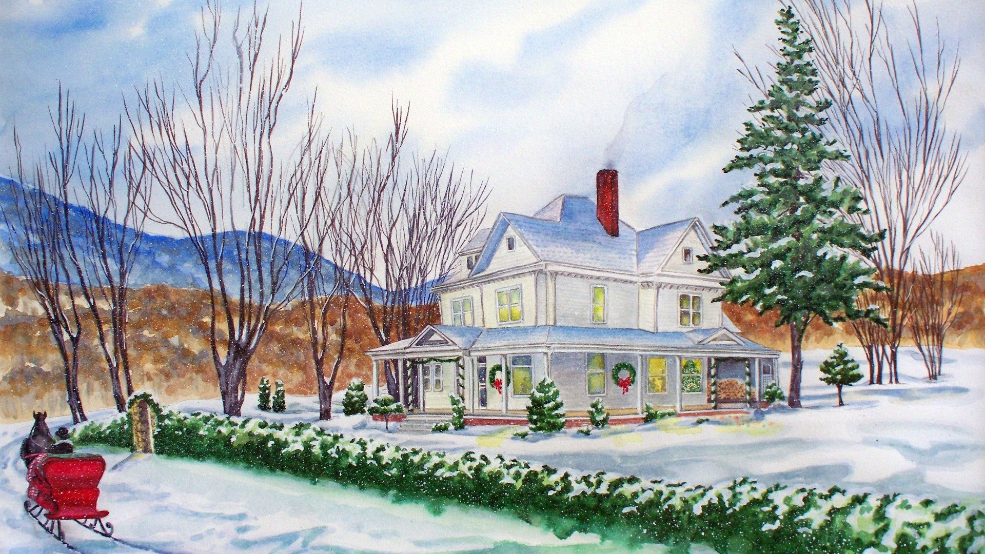 Download Cart Horse Snow Tree House Painting Holiday Christmas Art