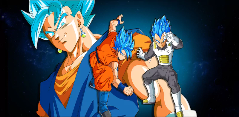 A dynamic scene featuring Vegetto from Dragon Ball Super, showcasing his vibrant blue hair and confident poses, embodying the essence of this popular anime character.