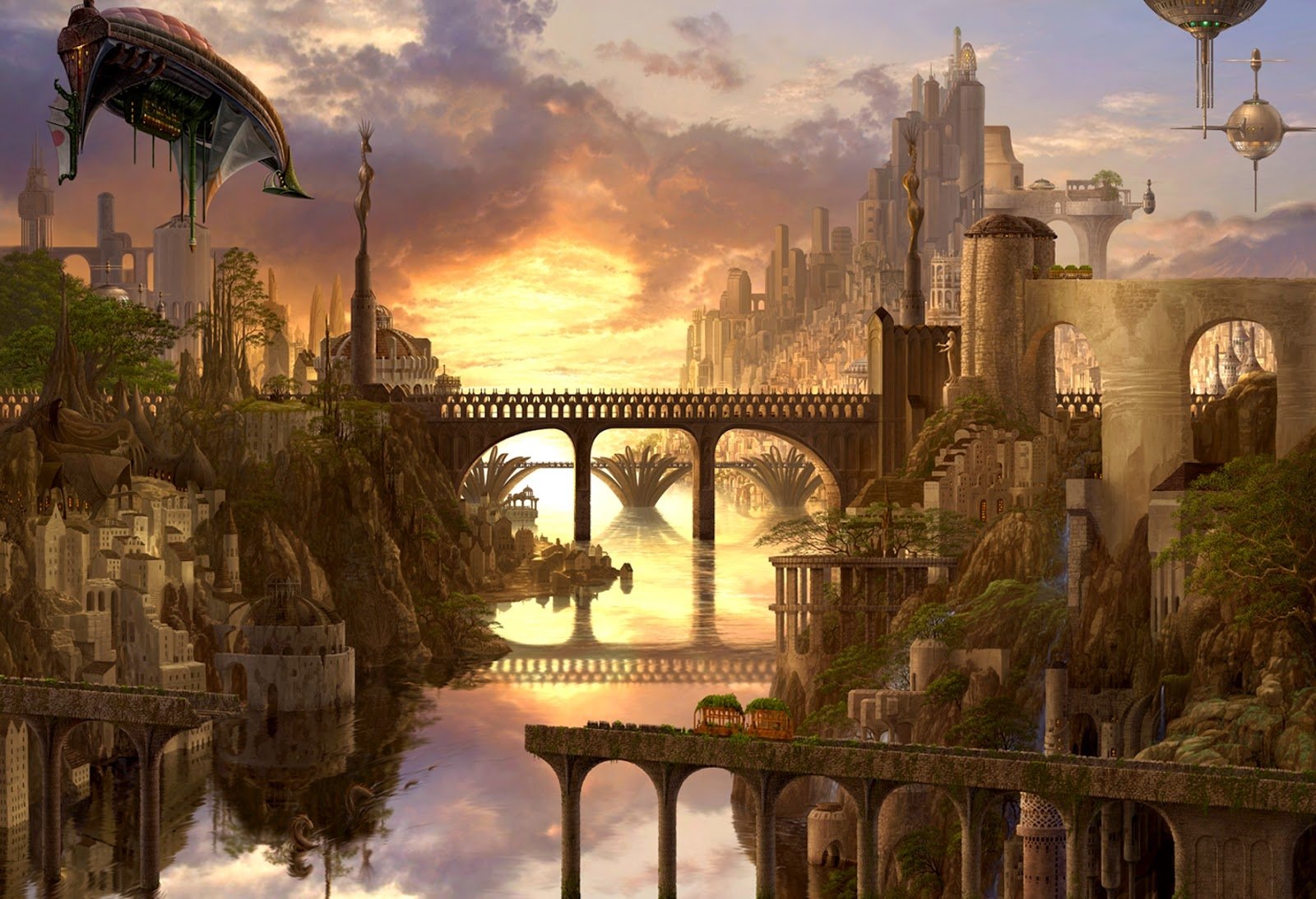 Download Fantasy Boat Bridge City Fantasy City Art