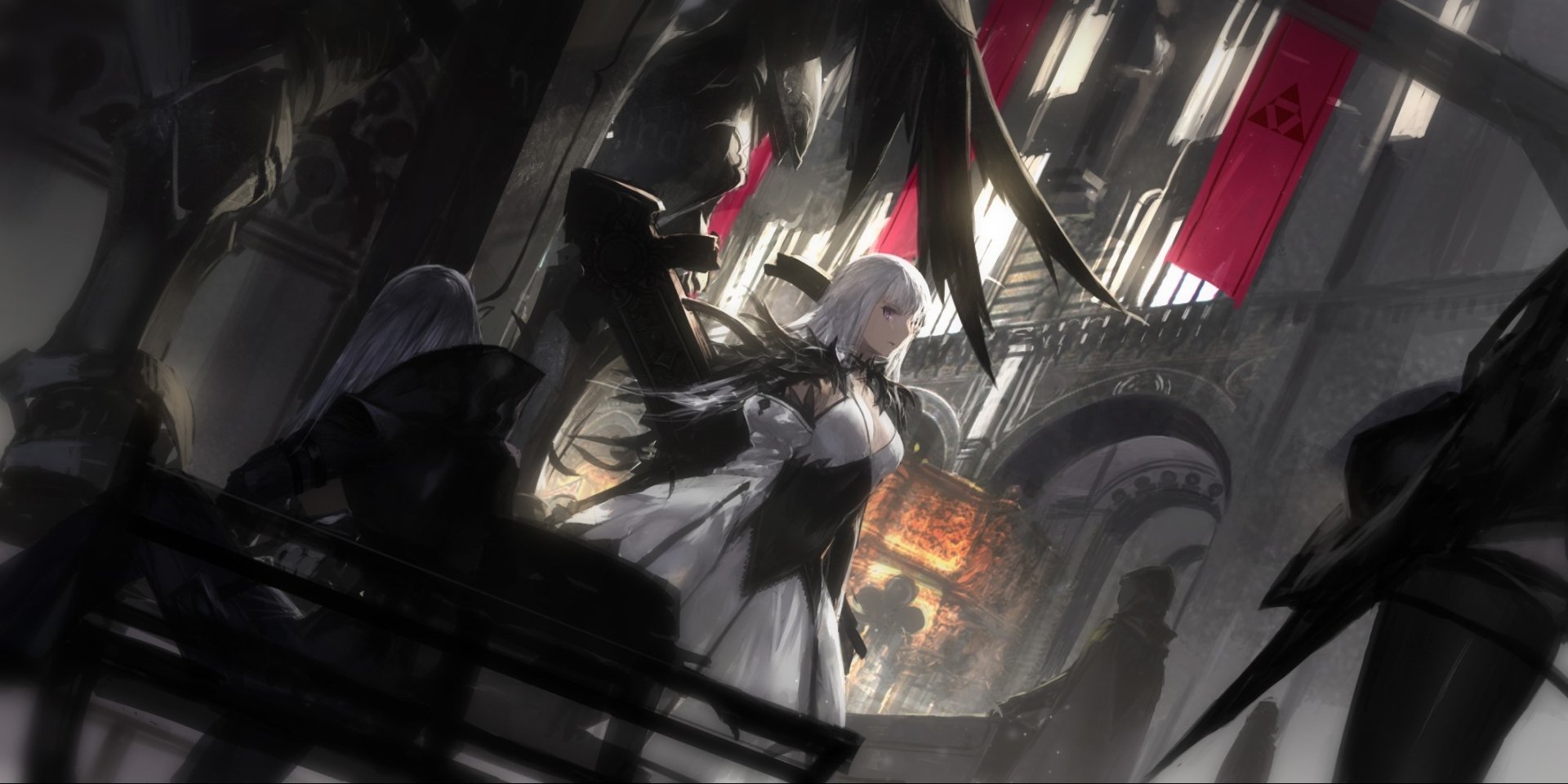 Anime-style figure with long white hair and grey eyes, standing in ornate cathedral ruins clutching a glowing tome — dramatic Pixiv Fantasia scene.
