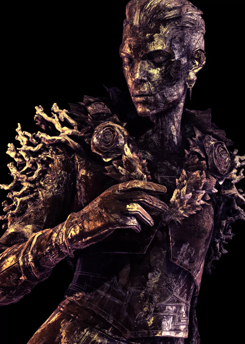 Statue of a detailed, ornate character from the video game Dishonored 2, featuring intricate armor with floral and branch-like elements.