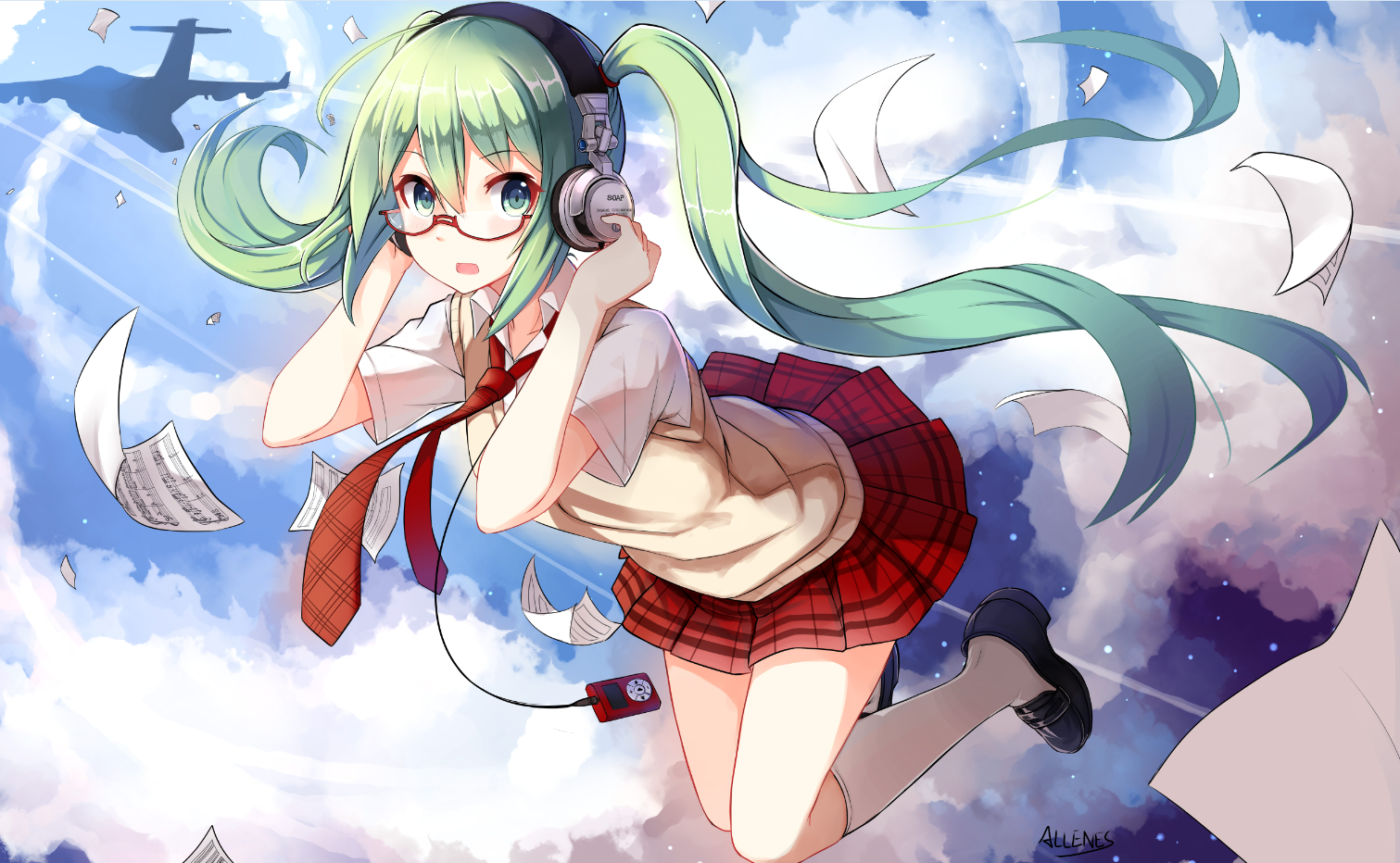 Download Green Hair Green Eyes Hatsune Miku Long Hair Headphones Anime Vocaloid Art