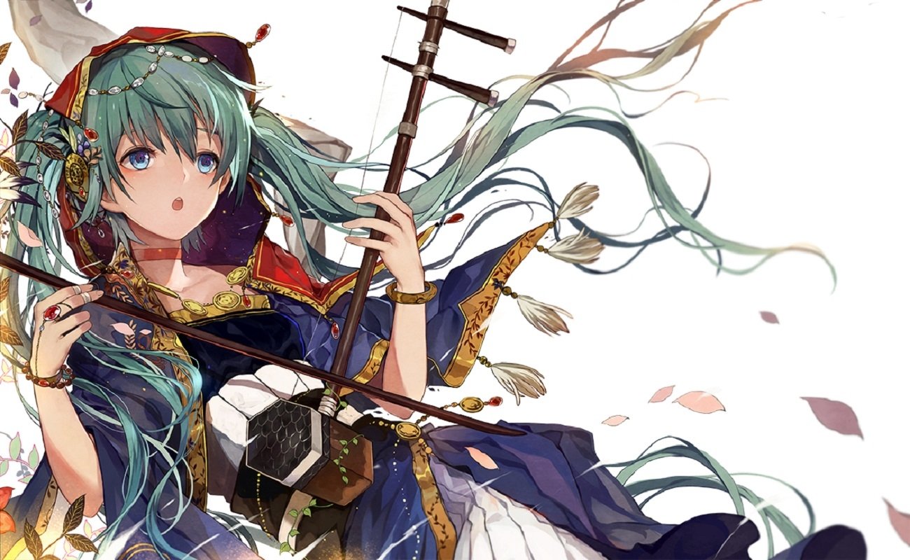 Download Long Hair Blue Hair Blue Eyes Traditional Costume Instrument Hatsune Miku Anime Vocaloid Art