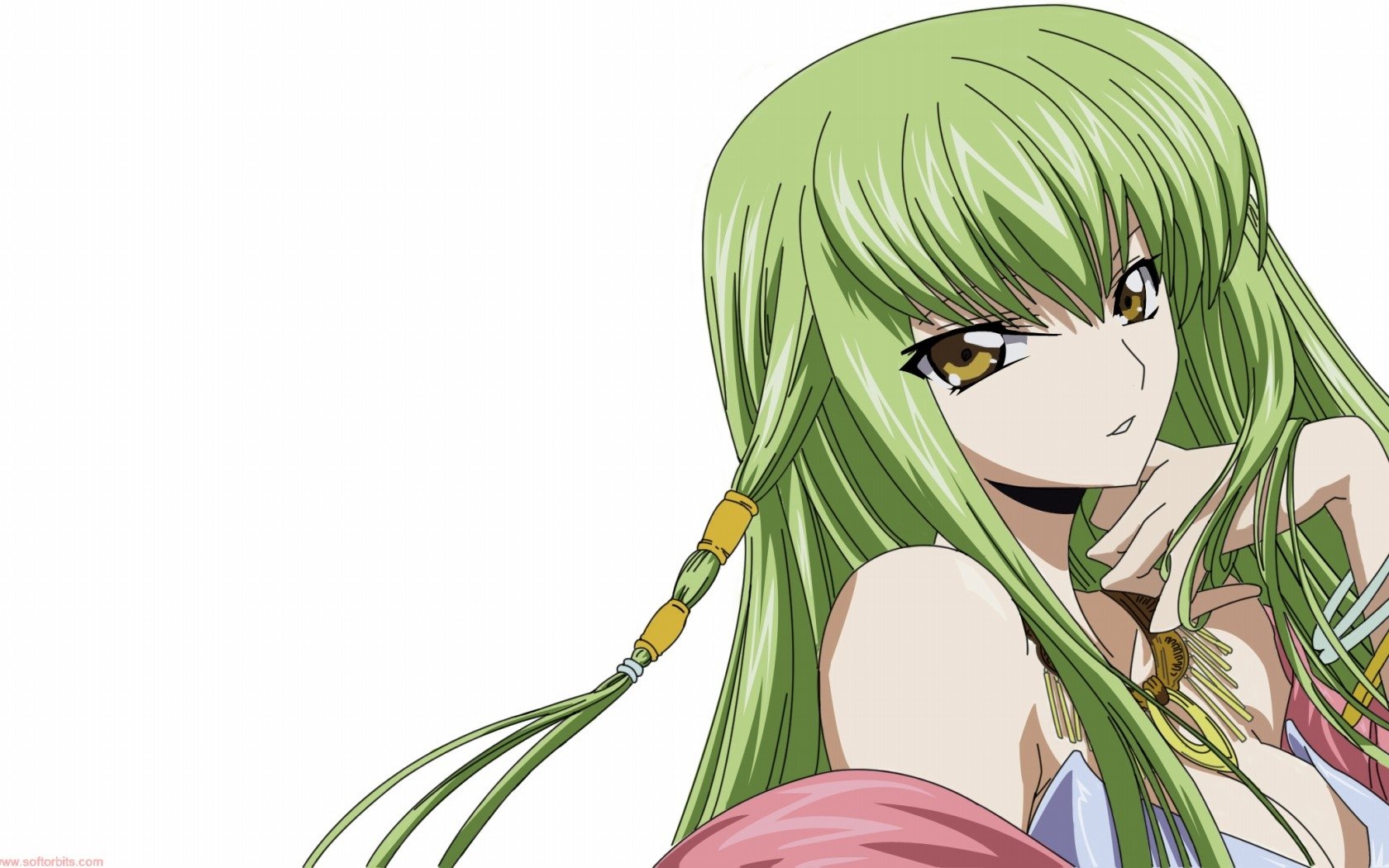 C.C. from Code Geass reclines in an anime-style portrait, long green hair, golden eyes, hand near her face and a calm, enigmatic expression.