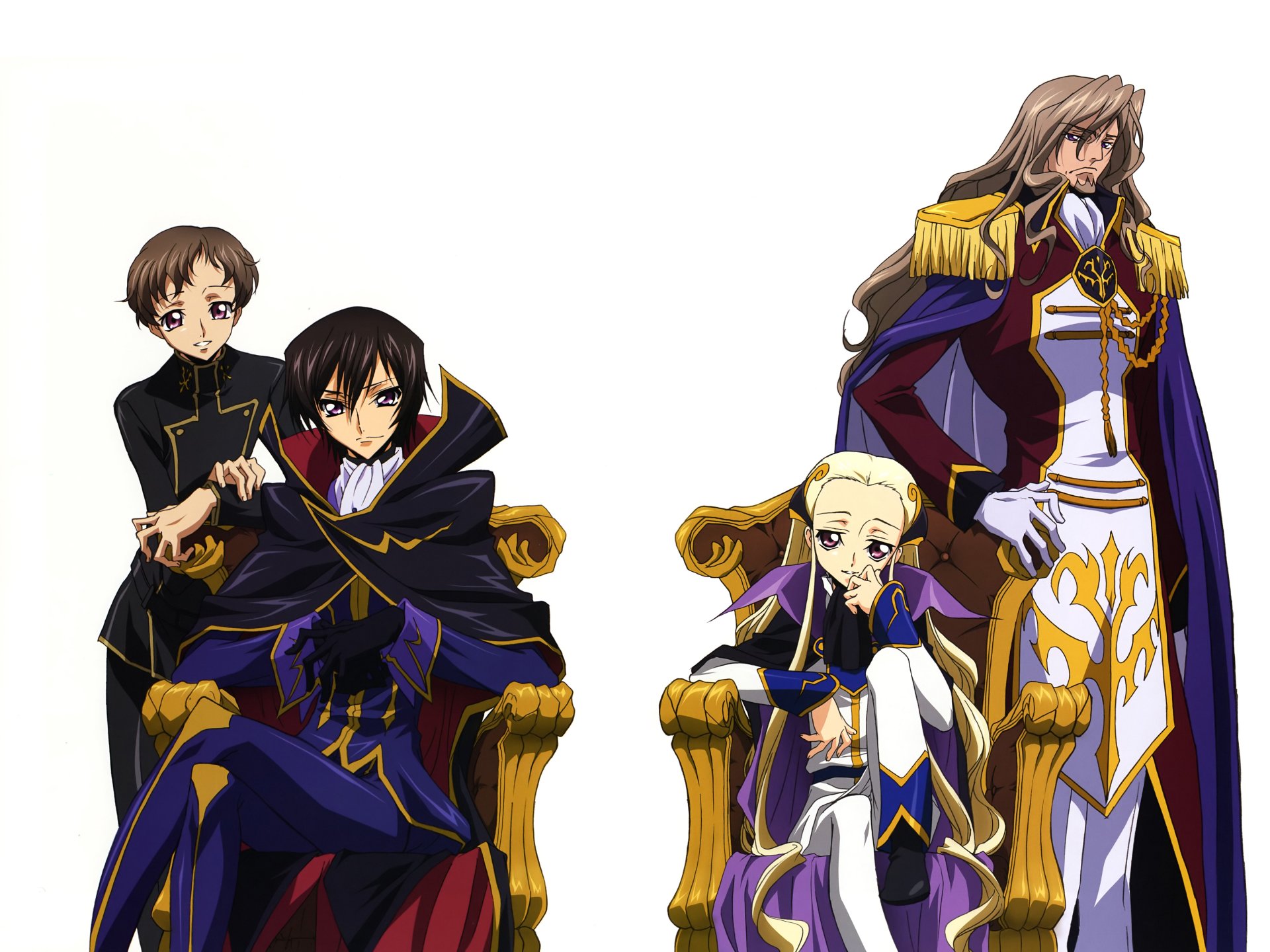 Code Geass anime image: Lelouch Lamperouge sits on a throne with Rolo Lamperouge behind him; Charles Zi Britannia stands by another throne while V.V. sits beside him.