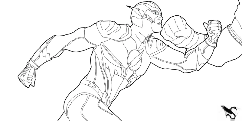Line drawing of the Flash from DC Comics in a dynamic running pose, showcasing his iconic costume and lightning bolt emblem.