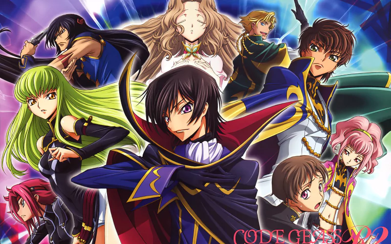 Anime-style illustration featuring main characters from Code Geass, including Lelouch Lamperouge, Suzaku Kururugi, C.C., Nunnally Lamperouge, Rolo Lamperouge, Anya Alstreim, Gino Weinberg, and Li Xingke.