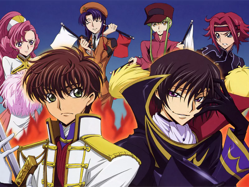 Code Geass group shot: Lelouch Lamperouge and Suzaku Kururugi front, with C.C., Kallen Kōzuki, Nina Einstein and Euphemia Li Britannia behind.
