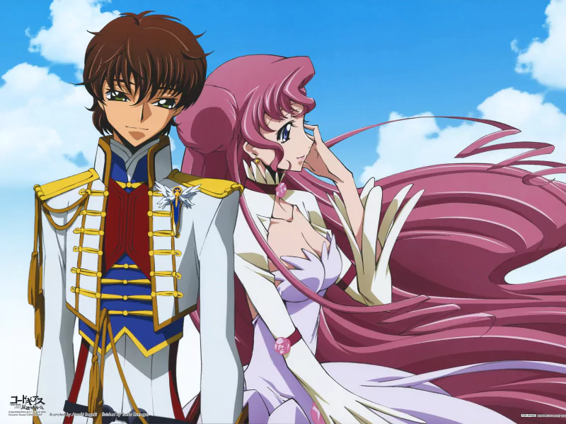 Suzaku Kururugi and Anya Alstreim from the anime Code Geass stand against a blue sky, Suzaku in military attire and Anya with flowing pink hair and elegant dress.